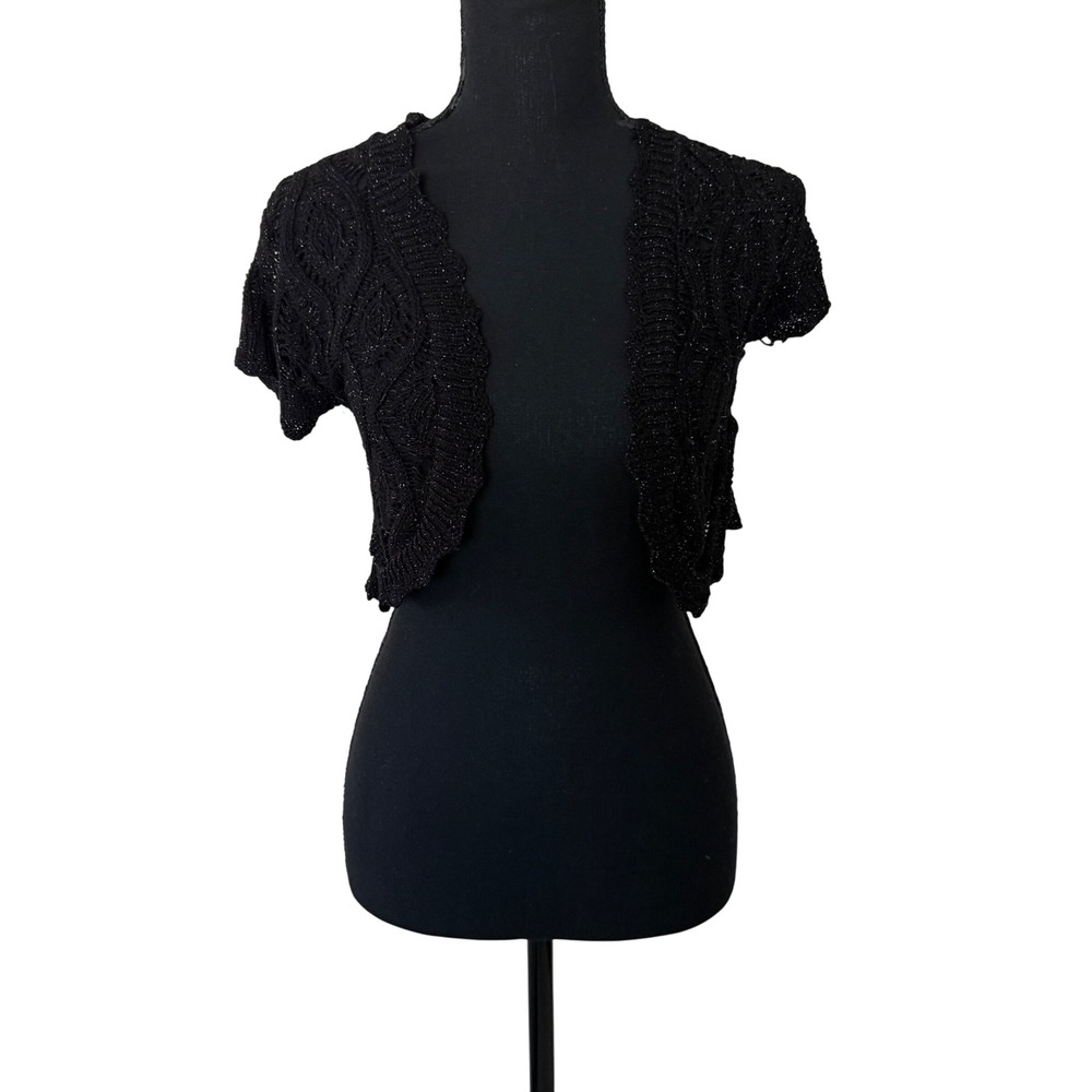 Vtg MAX RAVE Black Metallic Knit Cropped Shrug Bolero OS Fairy Grunge Whimsigoth